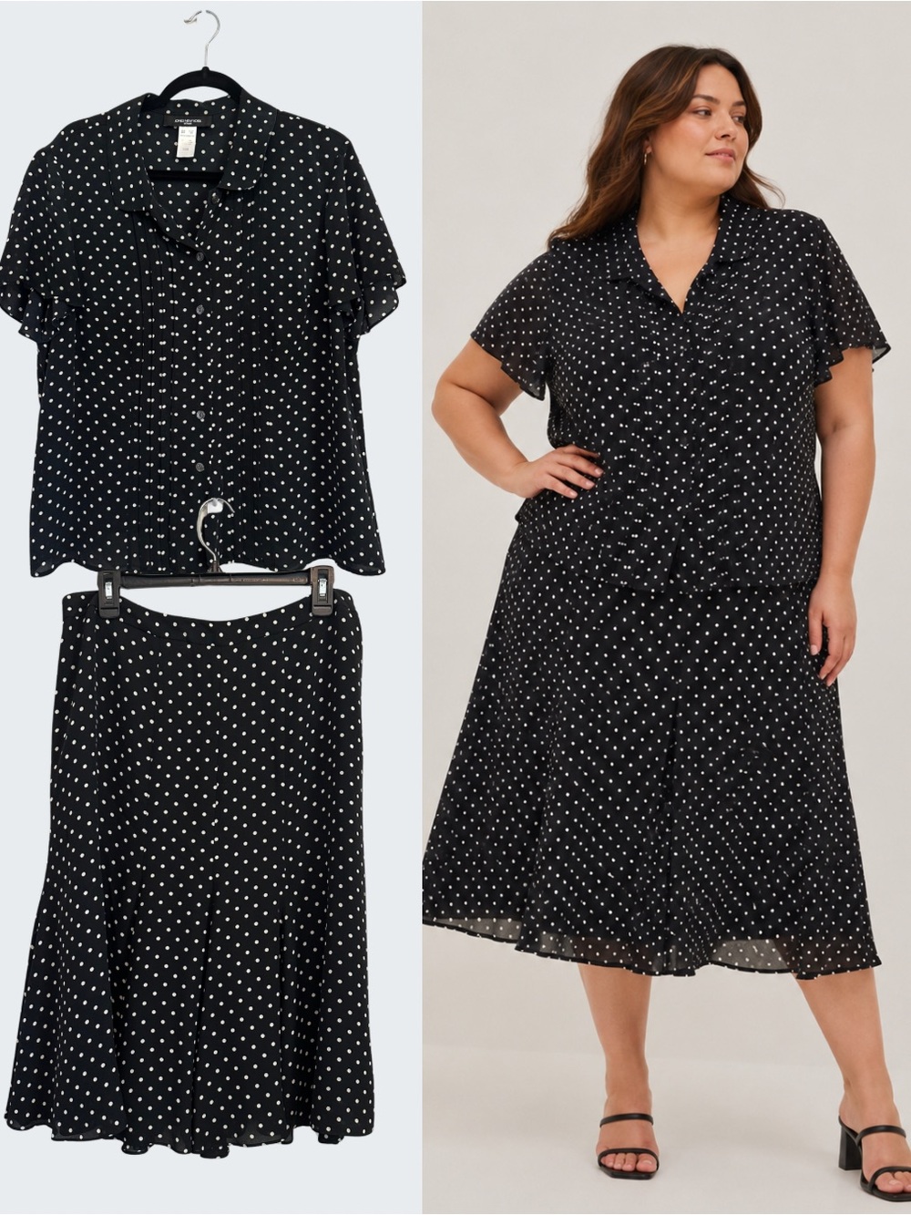 Jones New York Polka Dot Skirt Set 14W Black White Blouse 100% Silk Plus Size